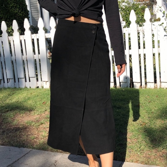 Vince Black Suede Leather Wrap Maxi Skirt